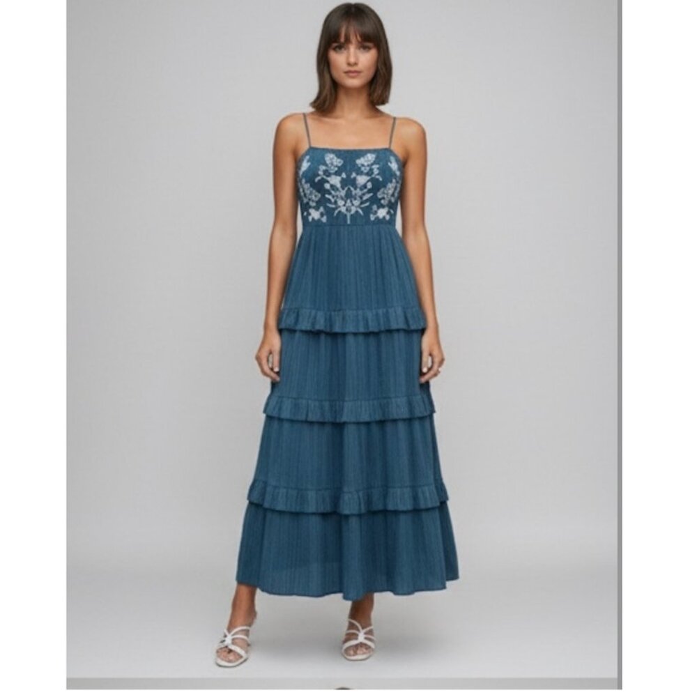 Floral Embroidered Layered Hem Cami Dress Blue - Picture 5 of 11